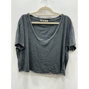 AMO Womens Cropped Top Deep V-Neck Short Sleeve Pullover Cotton Gray Size M